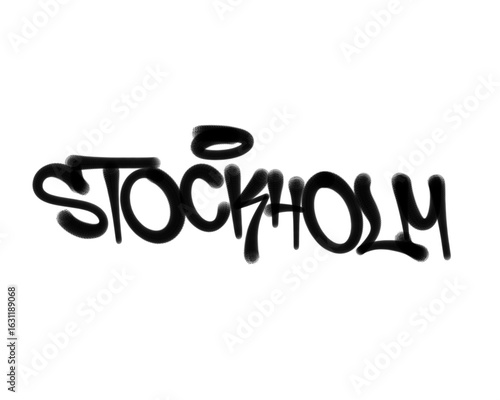 Photography textured sprayed graffiti tagging letters STOCKHOLM city name isolated in black