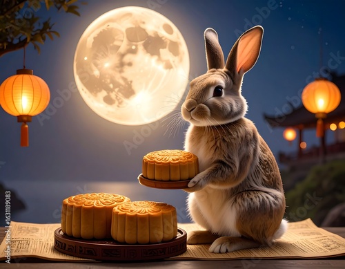 A brown rabbit holds mooncakes under a large full moon