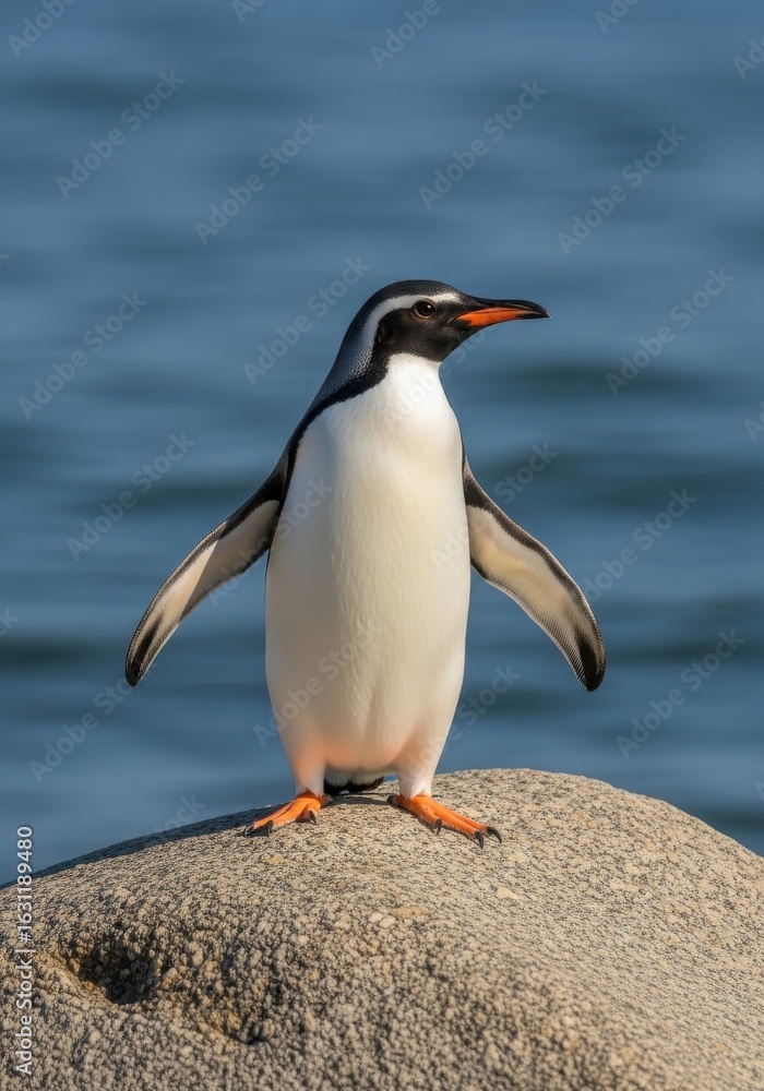 Naklejka premium Magellanic penguin standing proudly on a rock with blurred ocean background