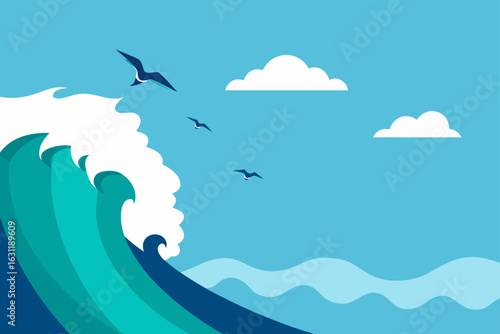waves crashing on cliff with seagulls flying