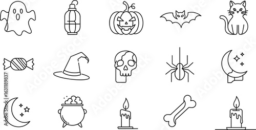Halloween Icons Collection: Ghost, Pumpkin, Bat, Cat, Skull