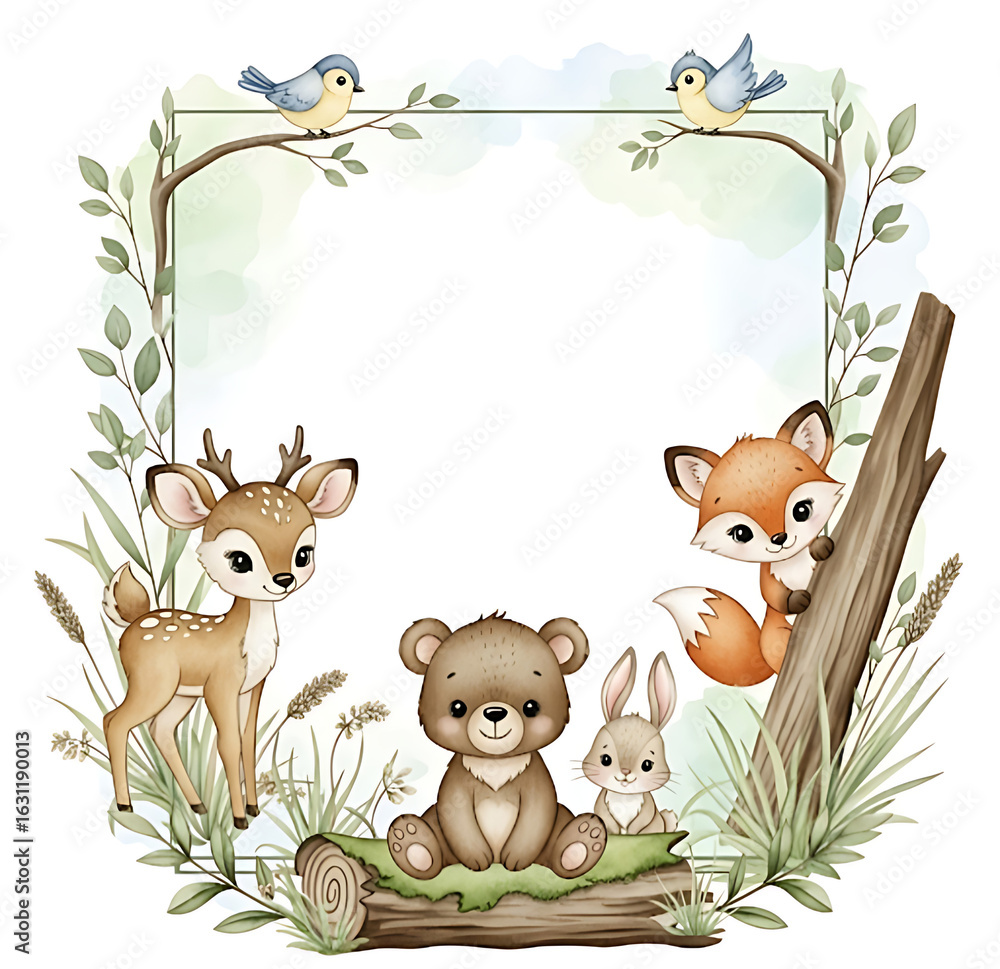Naklejka premium A charming, hand-drawn watercolor illustration of a woodland frame with cute animals including a deer, bear, fox, and bunny, surrounded by leaves and branches, with space for text.