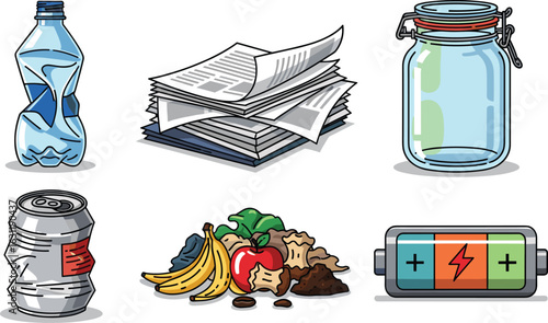 Recyclable materials including plastic, paper, glass, metal, and battery