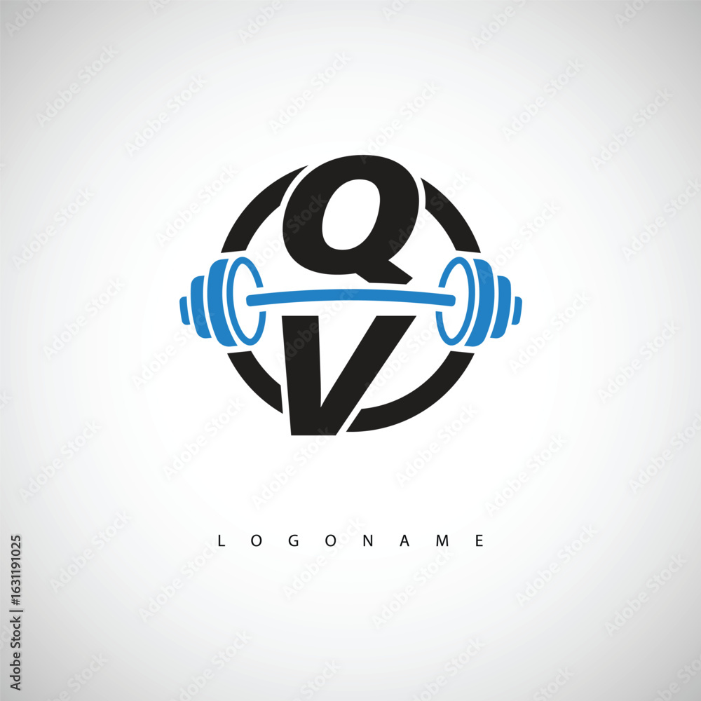 Obraz premium QC Fitness Logo with Icon Creative Minimal Barbell symbol for Gym Branding. Active Lifestyle Identity Design