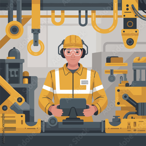 Illustration of a factory worker in yellow uniform operating machinery in an industrial setting space