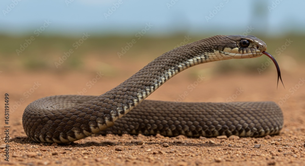Fototapeta premium Brown Snake Sticking Out Tongue on Red Soil in Outdoor Setting