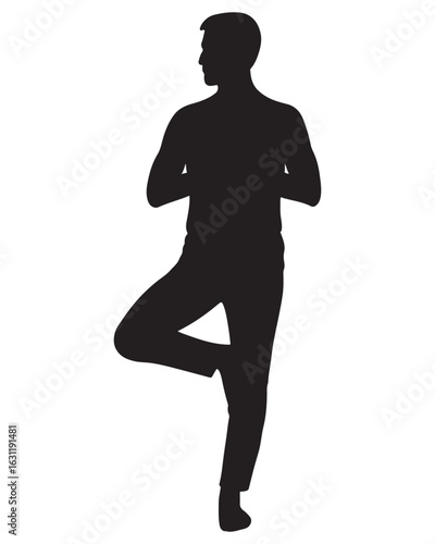 Serene Male Silhouette in Tree Pose Yoga, Minimalist Style, Olive Green Background