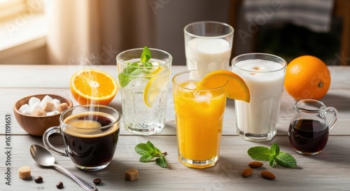 Assortment of Refreshing Beverages on a Wooden Surface for a Vibrant start