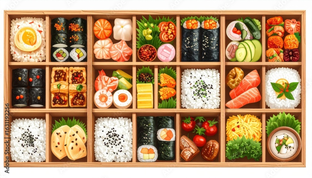 Fototapeta premium Elaborate Bento Box Displaying Colorful Japanese Cuisine and Culinary Presentation of Japanese Food