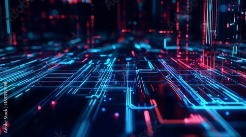 Abstract digital circuit board with glowing neon lines design concept