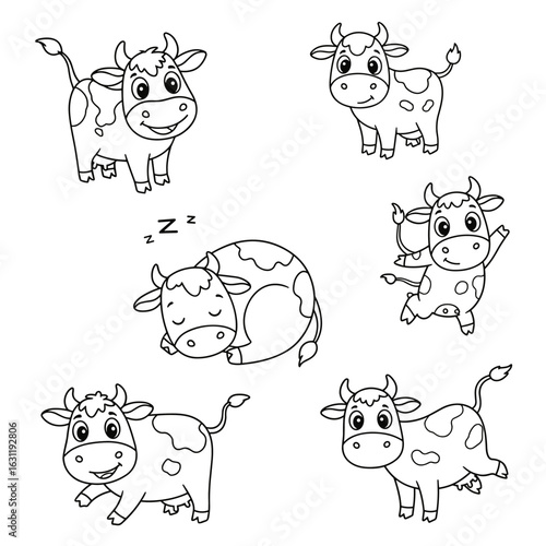 Six cartoon cows in playful poses show varied expressions and actions, including sleeping, waving, and walking—ideal for coloring, education, or character design.
