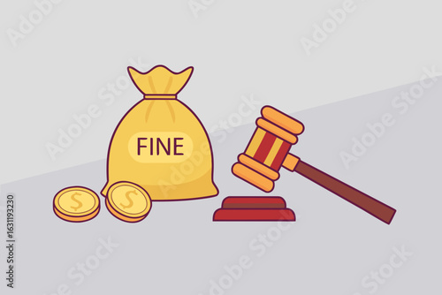 Money bag with fine label, gavel, and coins representing legal penalty, court judgment, and financial punishment

