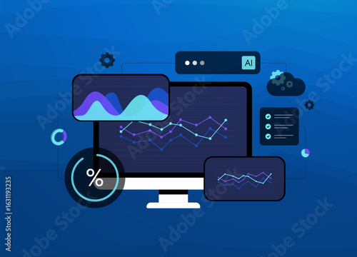 AI-powered business analytics dashboard analyzing market trends and forecasting future growth. Artificial intelligence for predictive ai business analytics, data visualization and strategic insights