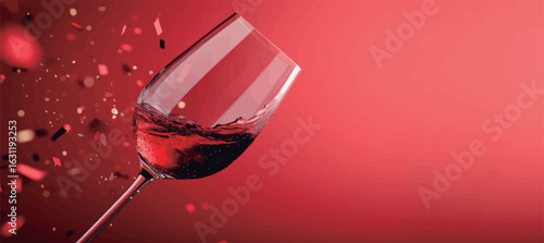 A glass of red wine is poured into a wine glass, with a splash of wine spilling out of the glass. Concept of celebration and enjoyment