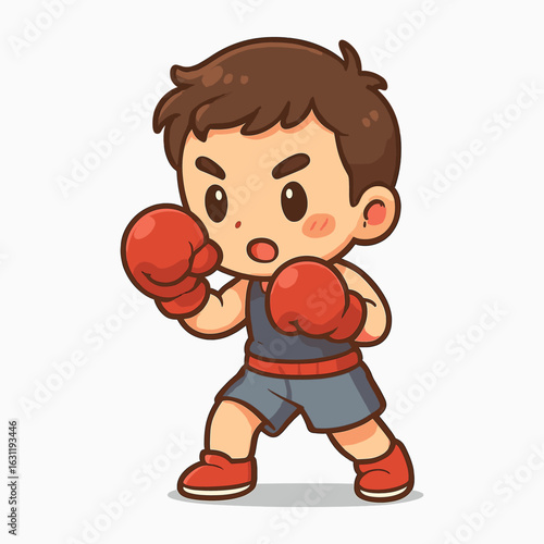 Cute Cartoon Boxer Boy in Fighting Stance Wearing Red Gloves and Blue Outfit, Chibi Style Character for Sports or Fitness Design