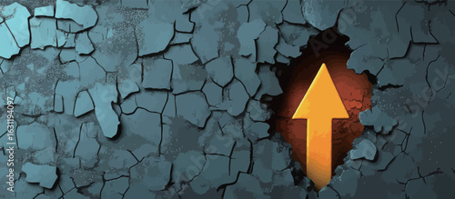 A broken wall with a yellow arrow pointing upwards. The wall is cracked and has a rough texture. The arrow is the only thing that stands out in the image