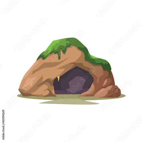 Illustration of a cartoon cave with moss on top and a dark entrance in a light brown rock formation
