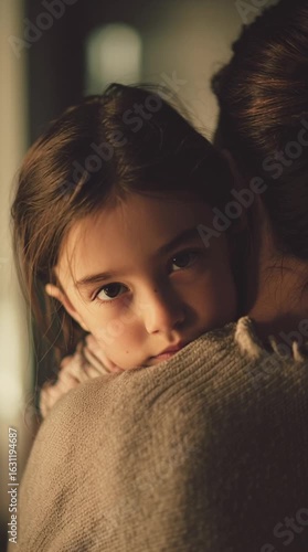 Sad young girl child hugging her mother with contemplative expression indoors, vertical video 