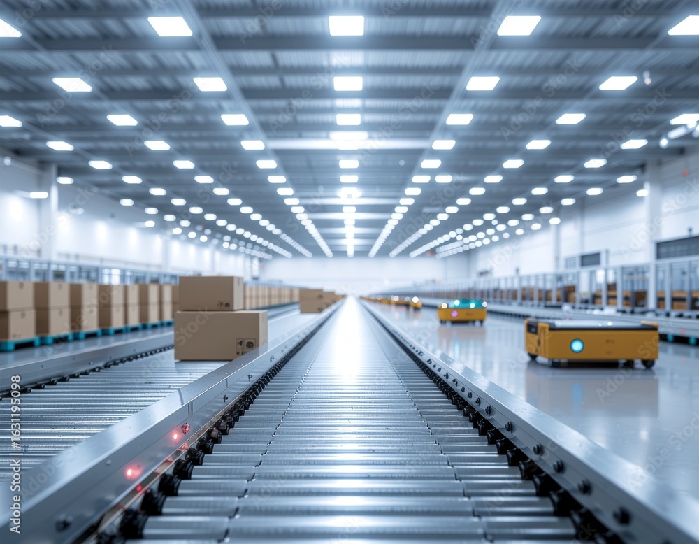 Obraz premium AI generated image of a modern automated warehouse with conveyor belts and autonomous mobile robots for logistics and order fulfillment