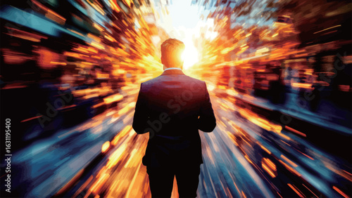 A man in a suit is walking down a street with a bright light in the background. Concept of urgency and importance, as the man is in a hurry
