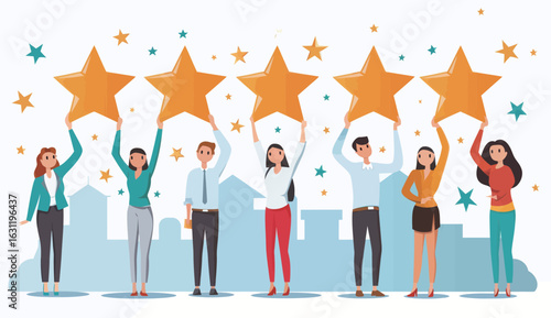 A group of people holding up five stars. Concept of accomplishment and teamwork