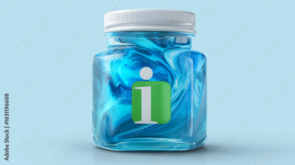 Obraz premium A clear jar with blue liquid and a white lid and a green label on a light blue background surface