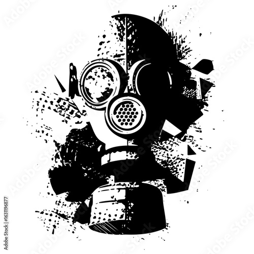 Vector Detailed black gas mask with splatter effect.