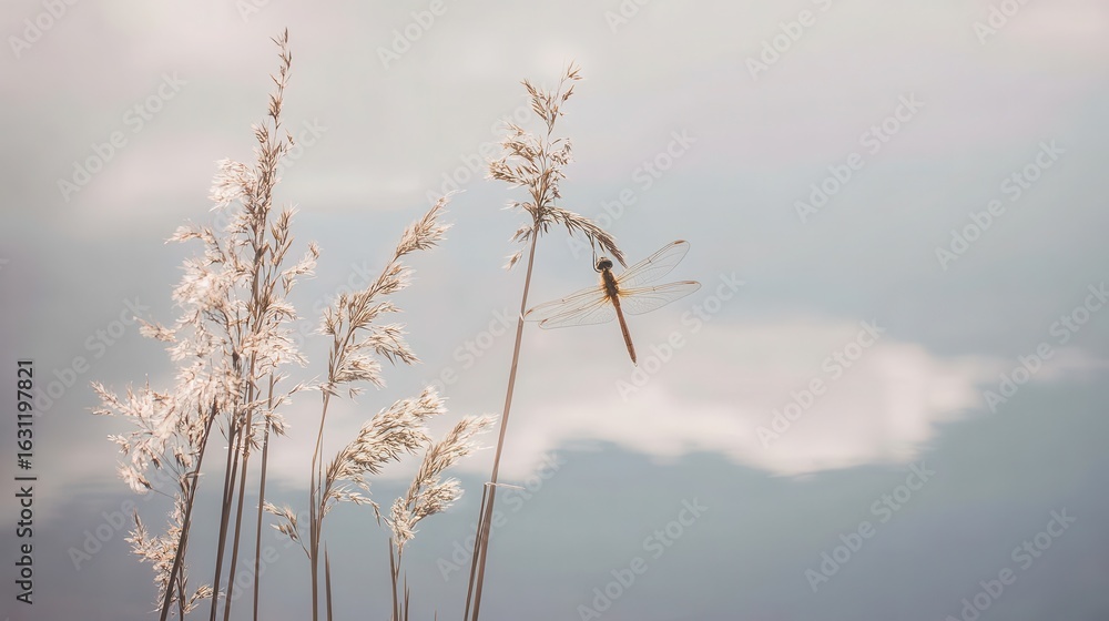Fototapeta premium A dragonfly hovers amidst tall grasses against a soft sky.