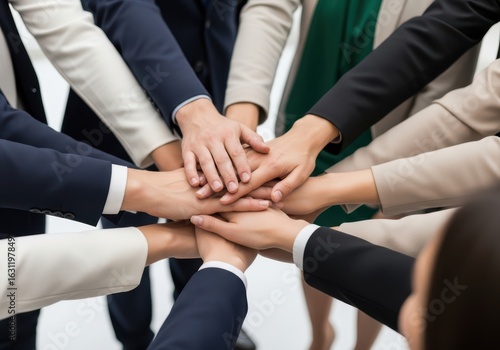 Wallpaper Mural A group of diverse business professionals join their hands together in a circle, signifying unity, teamwork, and shared success in a corporate environment Torontodigital.ca