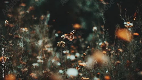 A butterfly in a field of wildflowers.