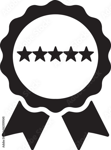 Silhouette of a badge with 5 stars icon symbolizing top rating, premium quality, excellence, or best performance.