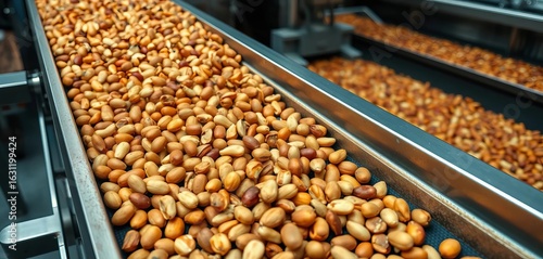 Conveyor belt carrying mixed nuts undergoing cleaning and sorting,  automation,  belt