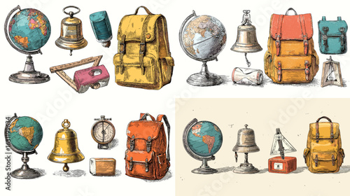 Hand-drawn retro school items set featuring globe, backpacks, bell, compass, and books, perfect for educational and back-to-school themed illustrations or prints.

