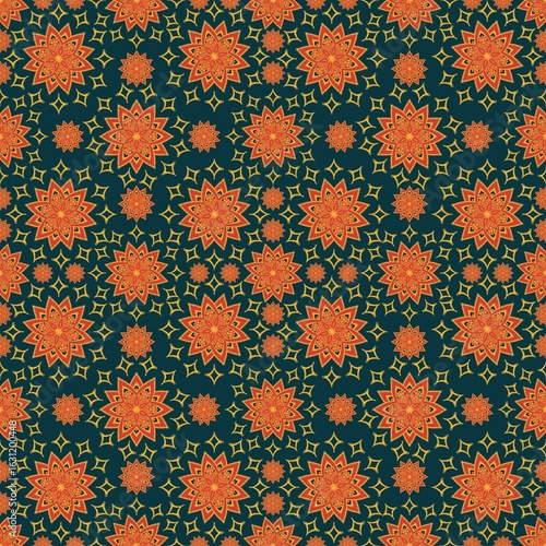 The Seamless Moroccan pattern concept floral star with warm orange and gold accents on dark background. This Moroccan design is ideal for fabrics, wallpapers, and decor with a Moroccan cultural style.