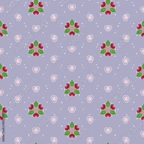 Charming seamless pattern features red floral clusters and green leaves on a soft purple background. Perfect for textiles, wallpapers, packaging, and stylish design projects with a soft floral touch.