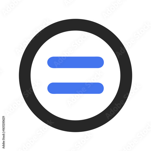 Blue equal sign inside black circle on white background