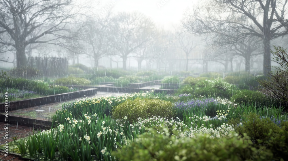 Obraz premium Rain-drenched garden in springtime.