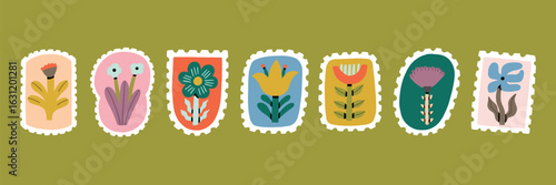 Flower Postage Stamp Collection. Cute Floral Mail Postcard. Vector Illustration