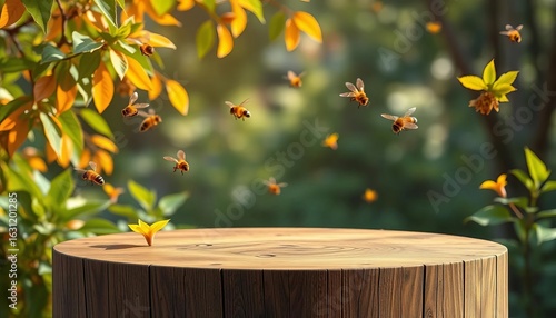 Empty wooden podium with flying bees and leaves, natural background, eco, template