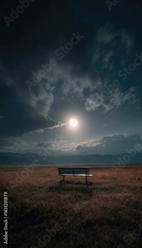 Empty park bench under a bright moon
