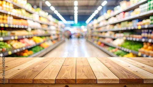 Grocery store aisle with wooden table top