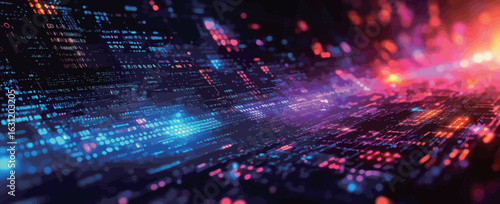 A colorful, abstract image of a computer screen with a lot of numbers and symbols. The image has a futuristic, technological vibe to it