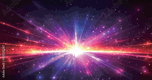 A bright purple and red starburst with a white star in the middle. The starburst is surrounded by a galaxy of stars