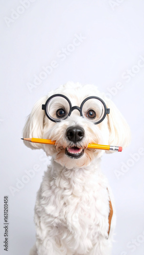 Nerdy Dog in Comical School Portrait with Round Glasses and Pencil in Mouth
