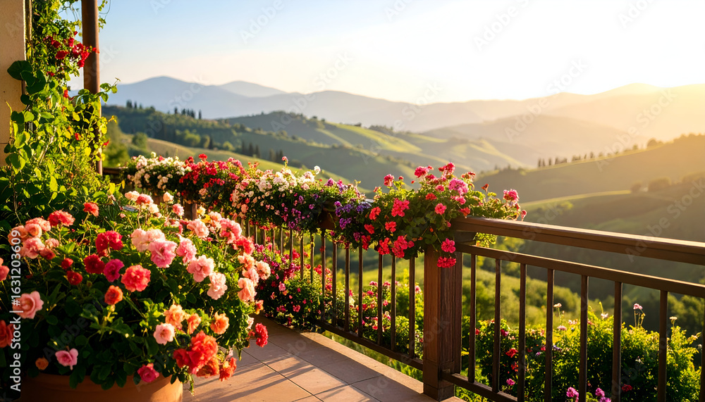 Fototapeta premium Tuscan sunrise balcony flowers.