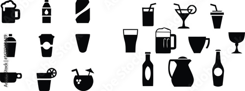 Set of drink icons including glass bottle beer coffee cup wine cocktail and beverage symbols for restaurant bar design