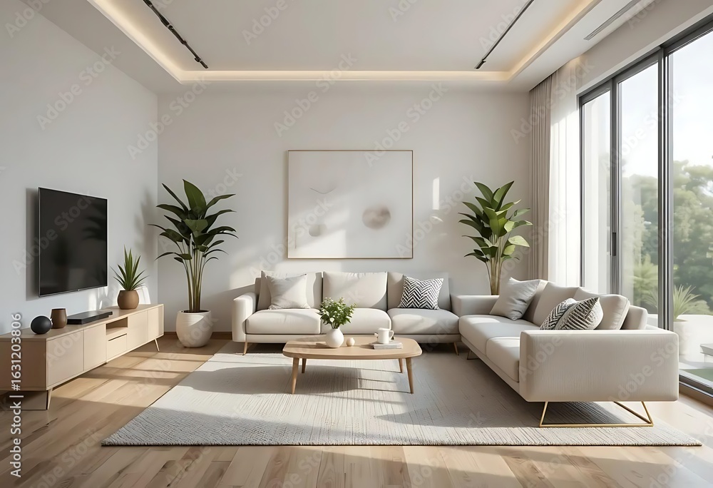 Fototapeta premium Bright modern living room interior with sofa plants and large window background