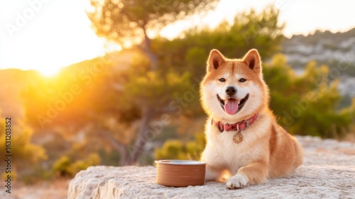 A happy Shiba Inu dog relaxes outdoors on a stone surface during golden hour with a bowl in front, surrounded by nature and warm sunlight.