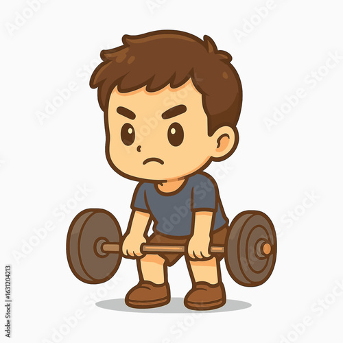 Cute Cartoon Boy Lifting Barbell in Deadlift Pose, Chibi Style Fitness Character for Gym, Workout, or Health Illustration Design
