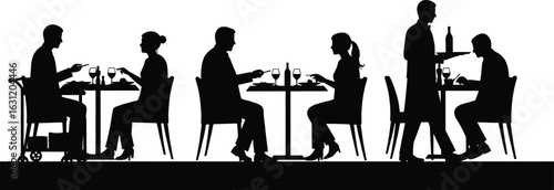 Restaurant dining silhouettes, people eating, waiter serving food and drinks, romantic couples, diverse guests, black vector illustration scene